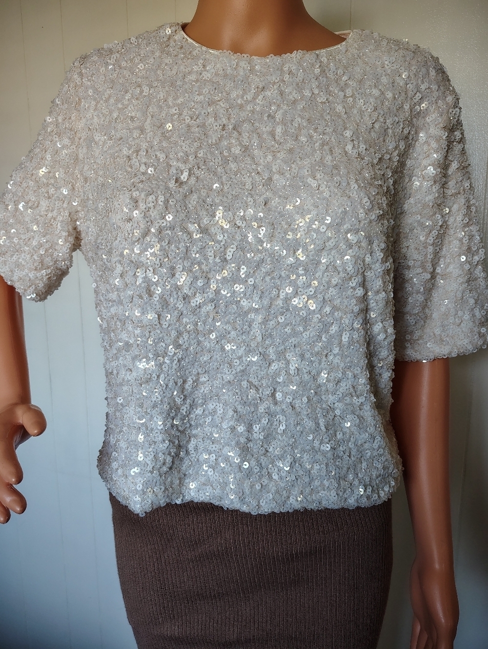 Aqua Ivory Sequin Short-Sleeve Party Top Size L